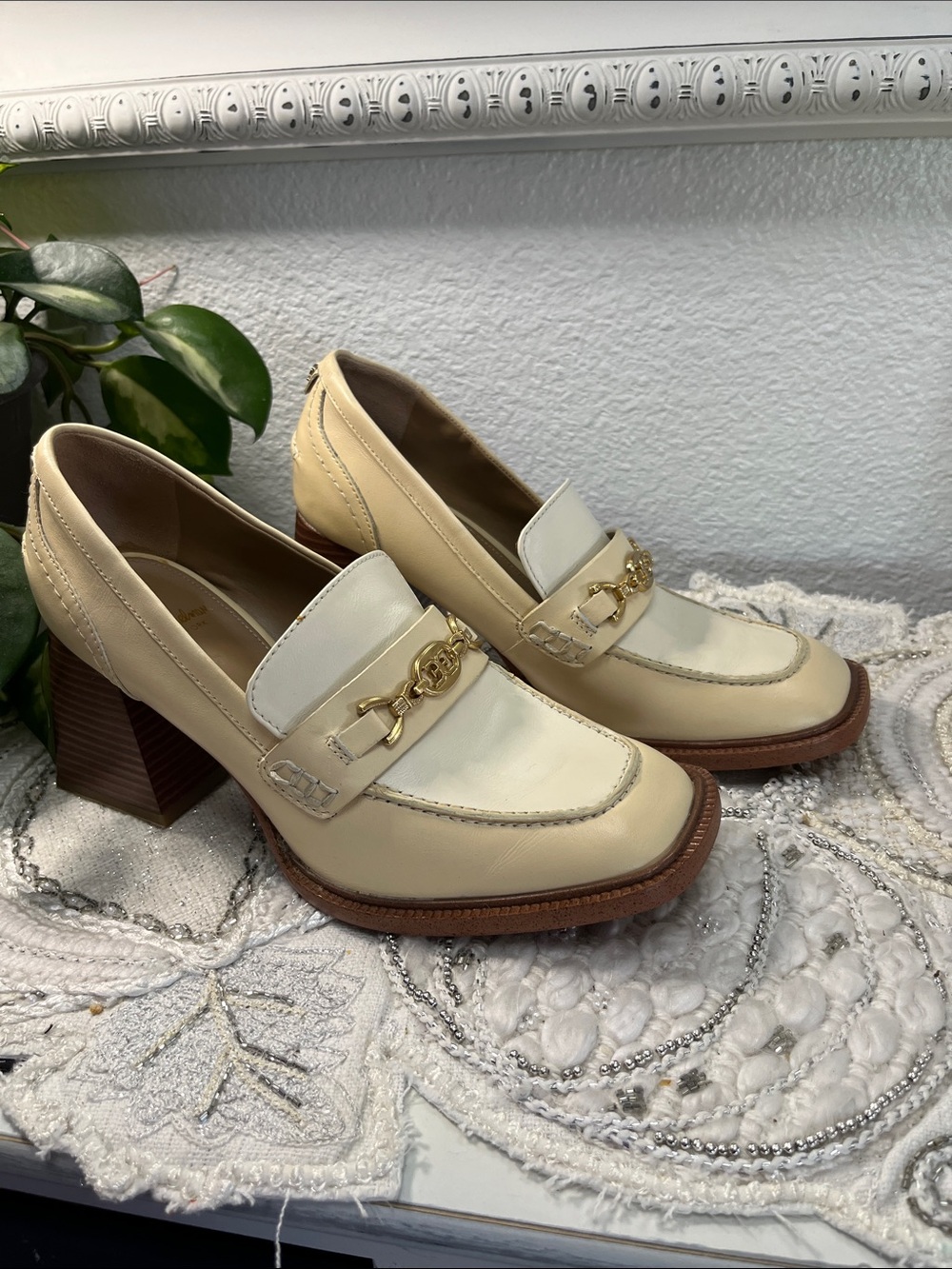 Sam Edelman Quincy Ivory Leather Horsebit Loafers Size 8M Block Heel - Picture 2 of 14